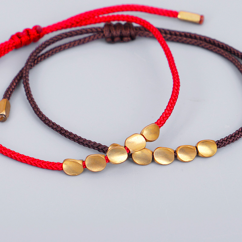 Handmade Copper Bead Tibetan Drawstring Black Bracelet Men's Women's Adjustable