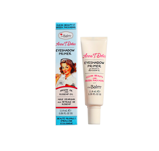 theBalm Cosmetics Anne T. Dotes Eyeshadow Primer Clean Beauty & Green Packaging replenishes Rose Hip Oil, Rosemary, Rice Bran, Sunflower, and Tocopherol, this formula provides superior protection