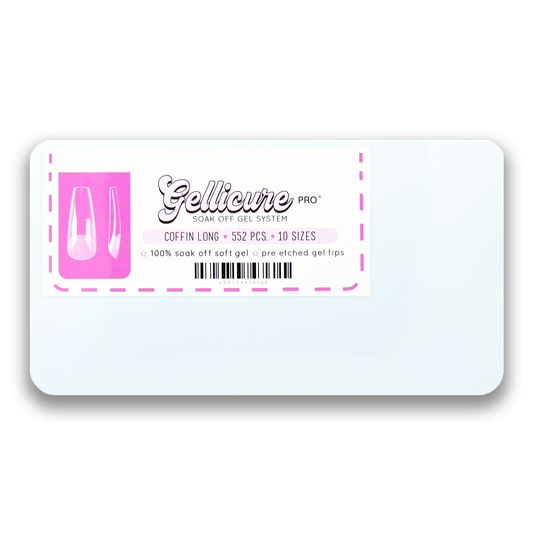 Gellicure Pro Soak Off Gel Extension Tips Coffin Long 552 pieces - 10 sizes Coffin, Stiletto, Square, Round, Almond Made for extreme durability and lightweight feel, these gel tips are pre-etched, no need for filing the inside of tips any longer! Crafted with precision and care, designed with slim case for traveling nail techs in mind. Made by professionals for professionals!