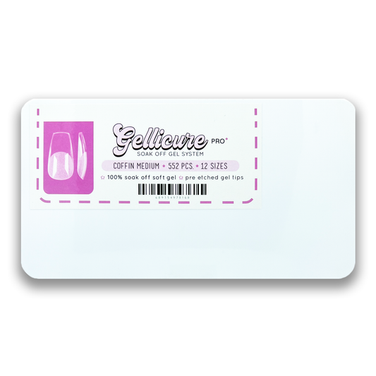 Gellicure Pro Soak Off Gel Extension Tips Coffin Medium 552 pieces - 12 sizes Coffin, Stiletto, Square, Round, Almond Made for extreme durability and lightweight feel, these gel tips are pre-etched, no need for filing the inside of tips any longer! Crafted with precision and care, designed with slim case for traveling nail techs in mind. Made by professionals for professionals!
