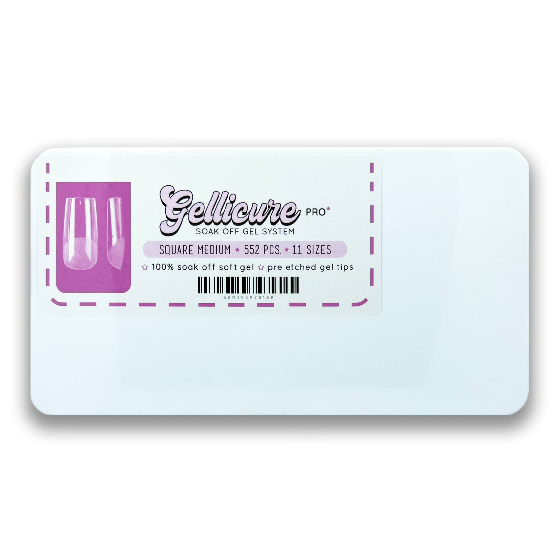 Gellicure Pro Soak Off Gel Extension Tips Square Medium 552 pieces - 11 sizes Coffin, Stiletto, Square, Round, Almond Made for extreme durability and lightweight feel, these gel tips are pre-etched, no need for filing the inside of tips any longer! Crafted with precision and care, designed with slim case for traveling nail techs in mind. Made by professionals for professionals!