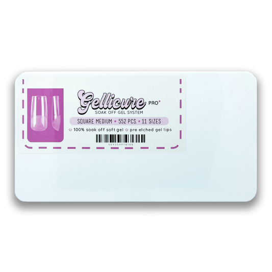 Gellicure Pro Soak Off Gel Extension Tips Square Medium 552 pieces - 11 sizes Coffin, Stiletto, Square, Round, Almond Made for extreme durability and lightweight feel, these gel tips are pre-etched, no need for filing the inside of tips any longer! Crafted with precision and care, designed with slim case for traveling nail techs in mind. Made by professionals for professionals!