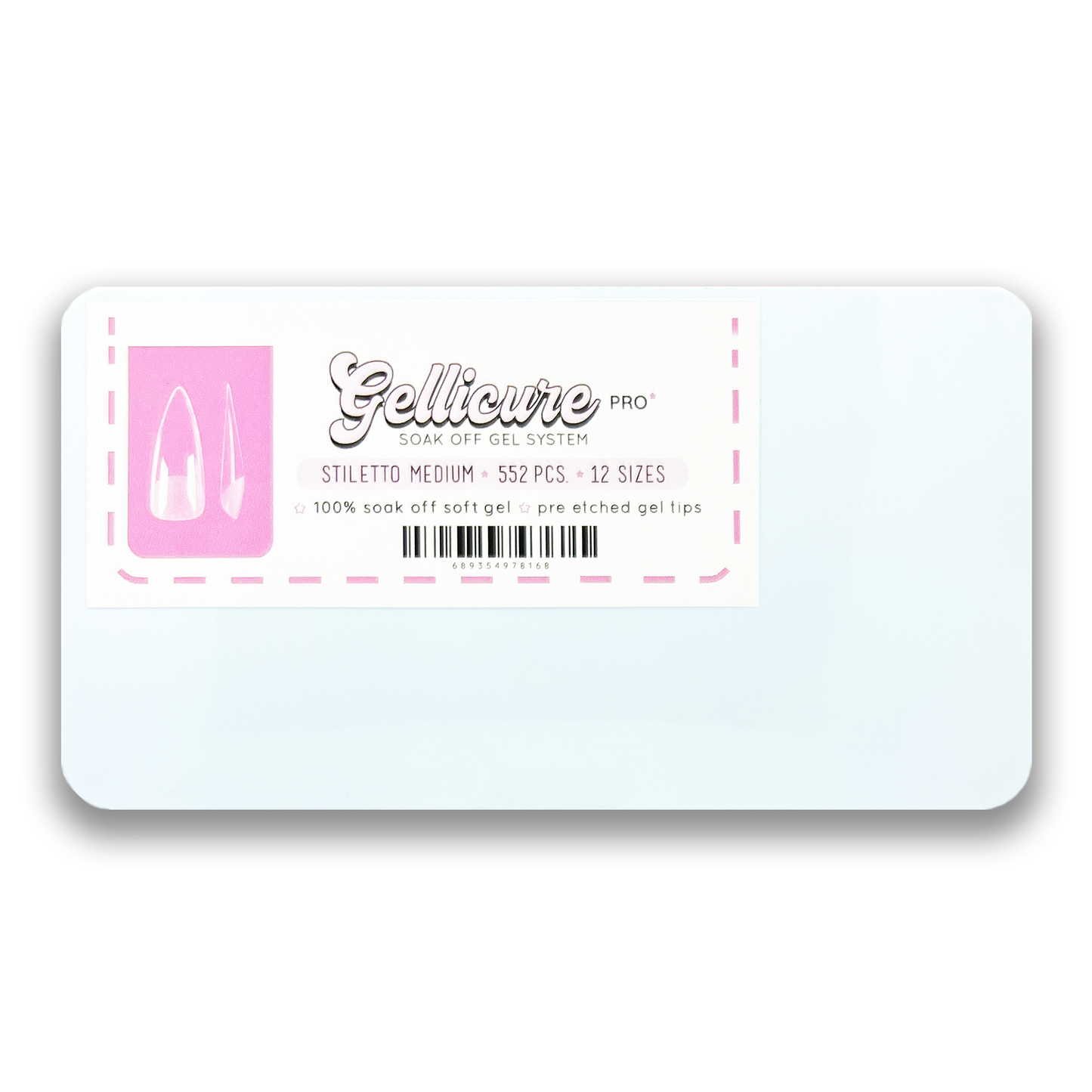 Gellicure Pro Soak Off Gel Extension Tips Stiletto Medium 552 pieces - 12 sizes Coffin, Stiletto, Square, Round, Almond Made for extreme durability and lightweight feel, these gel tips are pre-etched, no need for filing the inside of tips any longer! Crafted with precision and care, designed with slim case for traveling nail techs in mind. Made by professionals for professionals!