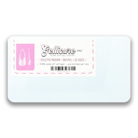 Gellicure Pro Soak Off Gel Extension Tips Stiletto Medium 552 pieces - 12 sizes Coffin, Stiletto, Square, Round, Almond Made for extreme durability and lightweight feel, these gel tips are pre-etched, no need for filing the inside of tips any longer! Crafted with precision and care, designed with slim case for traveling nail techs in mind. Made by professionals for professionals!