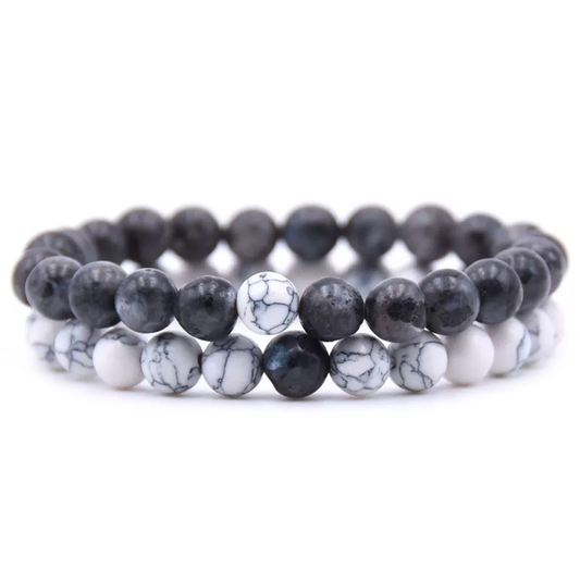 Handmade Natural Stone Beaded Bracelet Men's Women's Gray Larkvikite White Howlite