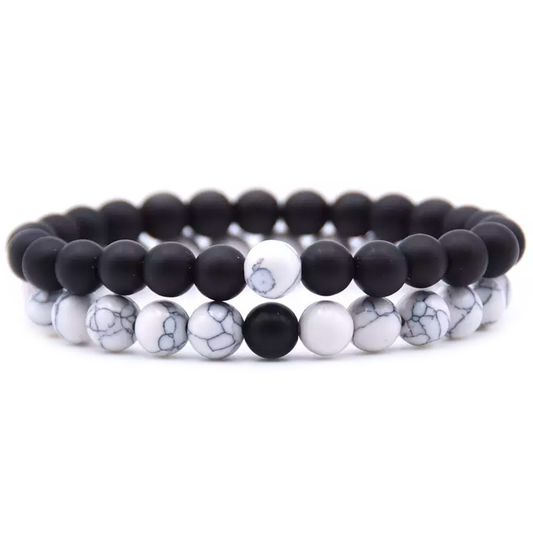 Handmade Natural Stone Beaded Bracelet Men's Women's Matte Black Onyx White Howlite