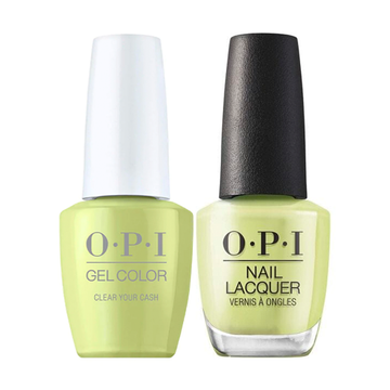 A green cream shade. OPI Me, Myself and OPI Collection Spring 2023 GelColor Soak-Off Gel Polish + Matching Nail Lacquer - Clear Your Cash #GCS005 - 15 mL 0.5 oz