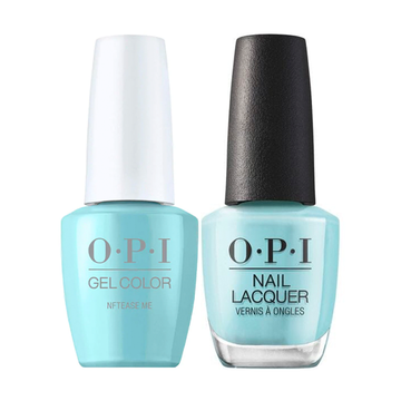 A fun light blue with a slight turquoise undertone. OPI Me, Myself and OPI Collection Spring 2023 GelColor Soak-Off Gel Polish + Matching Nail Lacquer - NFTease Me #GCS006 - 15 mL 0.5 oz