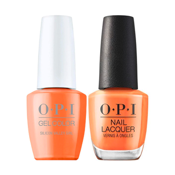 A tangerine orange cream shade. OPI Me, Myself and OPI Collection Spring 2023 GelColor Soak-Off Gel Polish + Matching Nail Lacquer - Silicon Valley Girl #GCS004 - 15 mL 0.5 oz