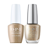 A shimmery metallic gold gel nail polish that's set in stone. OPI Fall Wonders Collection Fall 2022 GelColor Soak-Off Gel Nail Polish + Infinite Shine - I Mica Be Dreaming #GCF010 - 15 mL 0.5 oz