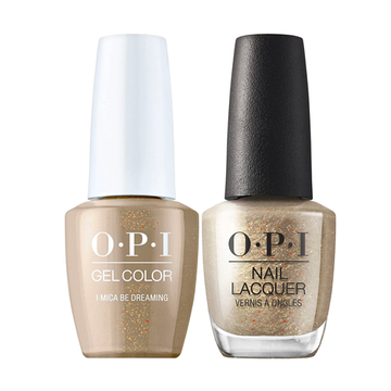A shimmery metallic gold gel nail polish that's set in stone. OPI Fall Wonders Collection Fall 2022 GelColor Soak-Off Gel Nail Polish + Nail Lacquer - I Mica Be Dreaming #GCF010 - 15 mL 0.5 oz