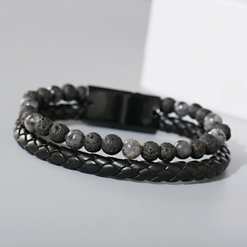 Handmade Natural Stone Lava Rock Leather Beaded Bracelet Strong + Confident Look This mens leather bracelet 6mm beads matte black onyx beads genuine leather stainless steel magnetic clasps Multi-layer style leather bracelet for men. Suitable for any occasion. Tiger's Eye powerful stone helps release fear & anxiety aids harmony & balance