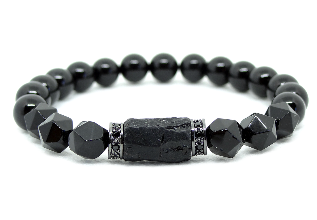 Handmade Natural Stone Black Tourmaline & Black Onyx Beaded Bracelet Men's Women's