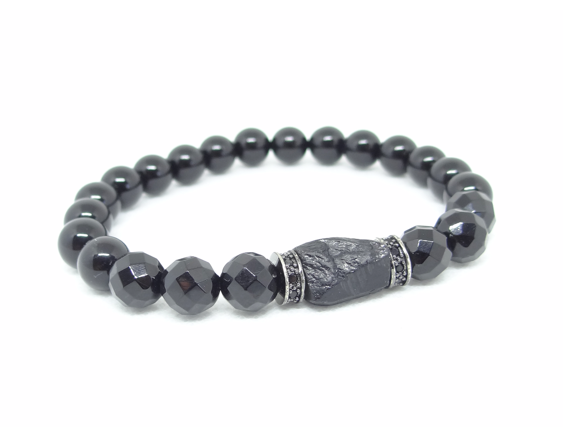 Handmade Natural Stone Black Tourmaline & Black Onyx Beaded Bracelet Men's Women's