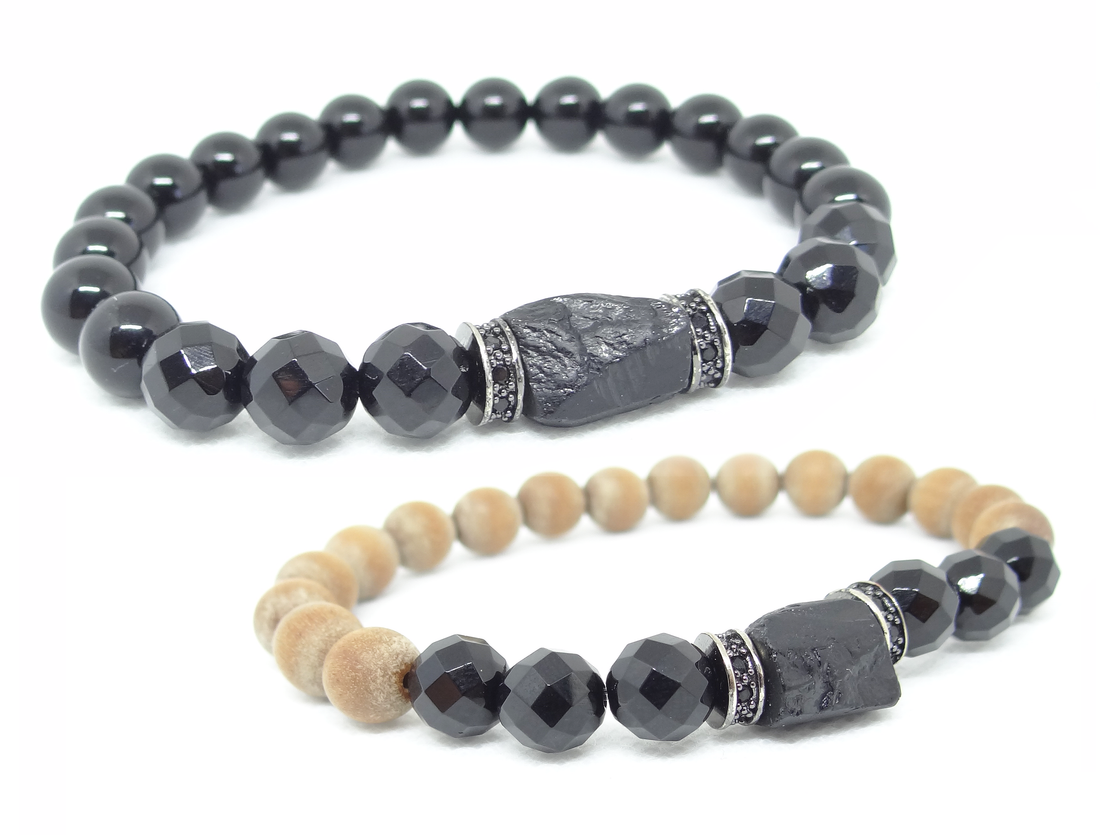 Black Tourmaline, Black Onyx, Natural Stone 2 pc Beaded Bracelet