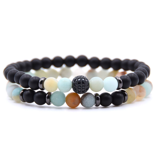 Handmade - Natural Stone Materials: Natural Matte Black Onyx, Elastic Cord Two Beaded Bracelets