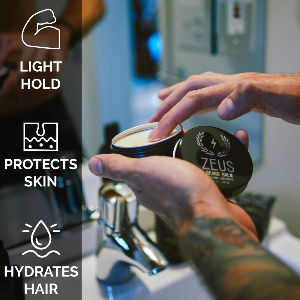 Zeus Beard Balm Conditioner Original Unscented Fragrance free moisture for sensitive skin moisturizes tames adds shine water based light hold paraben-free sulfate-free cruelty-free US made