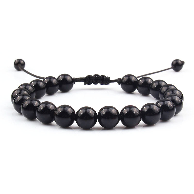 Handmade Natural Stone Black Onyx Beaded Bracelet Men's Women's Adjustable Bracelet