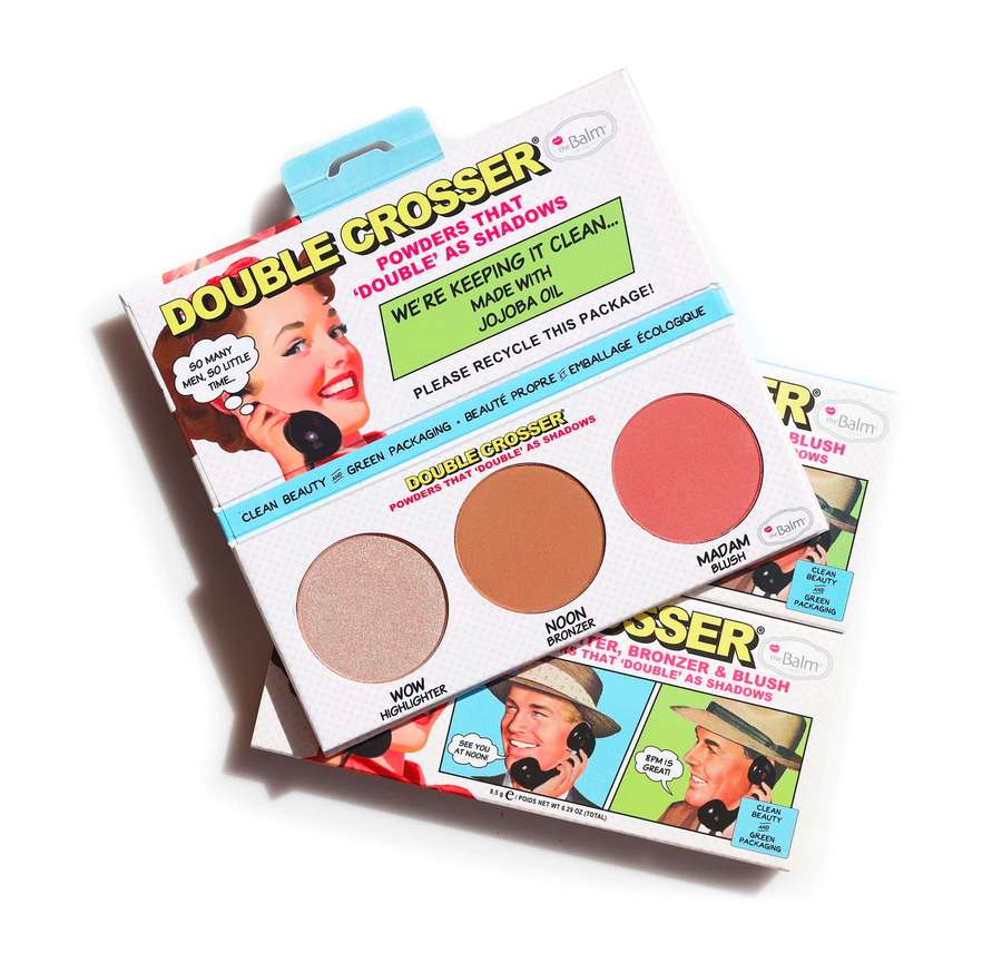theBalm Cosmetics Double Crosser Face Palette Clean Beauty & Green Packaging Recyclable Packaging - Clean Ingredients - Nurturing and Natural all-in-one face palette features a champagne gold highlighter, a neutral matte bronzer, and a rosy-mauve blushblushes are shadows, shadows are contours oothing plant ingredients