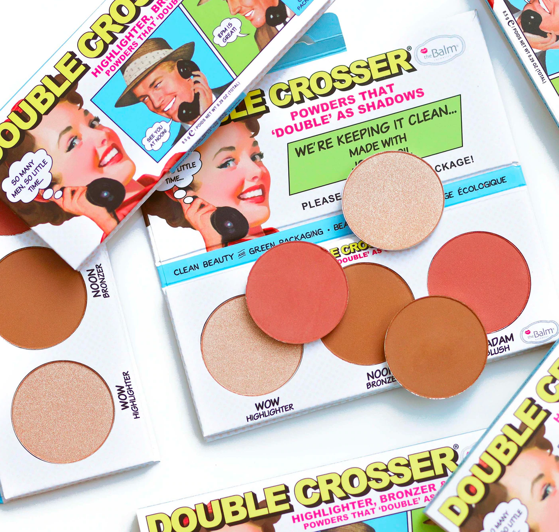 theBalm Cosmetics Double Crosser Face Palette Clean Beauty & Green Packaging Recyclable Packaging - Clean Ingredients - Nurturing and Natural all-in-one face palette features a champagne gold highlighter, a neutral matte bronzer, and a rosy-mauve blushblushes are shadows, shadows are contours oothing plant ingredients