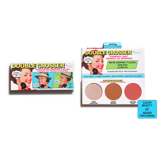 theBalm Cosmetics Double Crosser Face Palette Clean Beauty & Green Packaging Recyclable Packaging - Clean Ingredients - Nurturing and Natural all-in-one face palette features a champagne gold highlighter, a neutral matte bronzer, and a rosy-mauve blushblushes are shadows, shadows are contours oothing plant ingredients