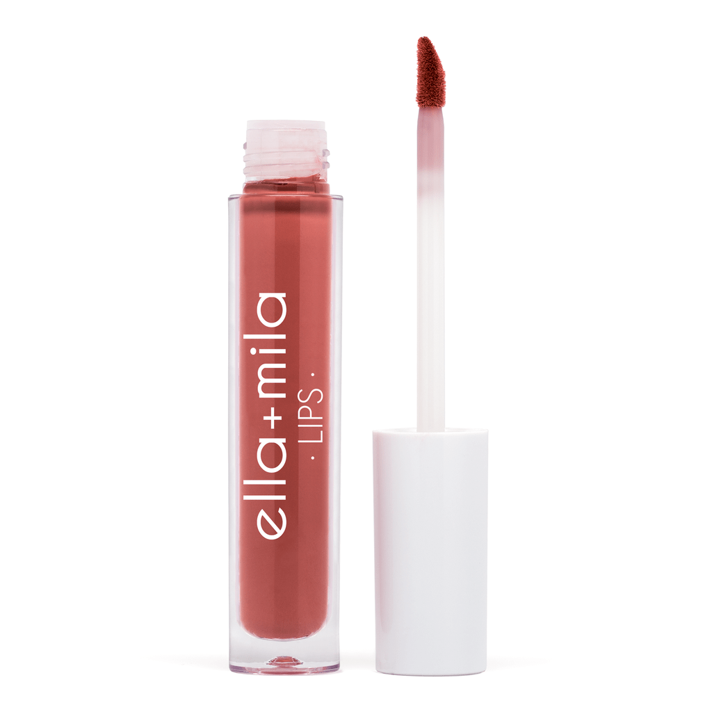 Burnt orange-red. Creamy Finish. Plant-Based. Vegan. Animal Cruelty-Free. Vitamin E Enriched - Moisturizing. Ultra-Lightweight - Non-Stick Formula. ella+mila Liquid Lipstick - Touch of Love