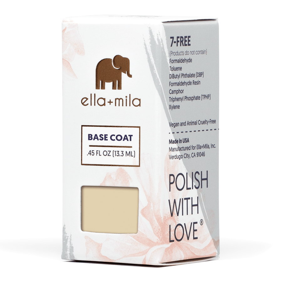 ella+mila nail care all about the base coat Making your nail polish last is simple. The key is clean, prepped nails and proper application. Adding a thin coat of base coat allows for a smoother application and the adhesive your manicure needs in order to last longer. Improves nail lacquer wear. Smoothes surface imperfections. Vegan. Animal Cruelty-Free.
