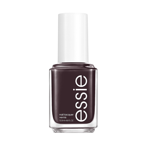 A faded, soft black vegan nail polish with red undertones and a cream finish. 8-Free. essie Nail Lacquer - Home By 8 #701 - UnGuilty Pleasures Collection 2023