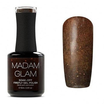 Dark and warm shade, in a fabulous formula is offering you the perfect season look! Chocolate Brown with Gold Sparks. Madam Glam Soak-Off Firefly Gel Nail Polish - Adoration  - Vegan. 5-Free. Cruelty-Free.