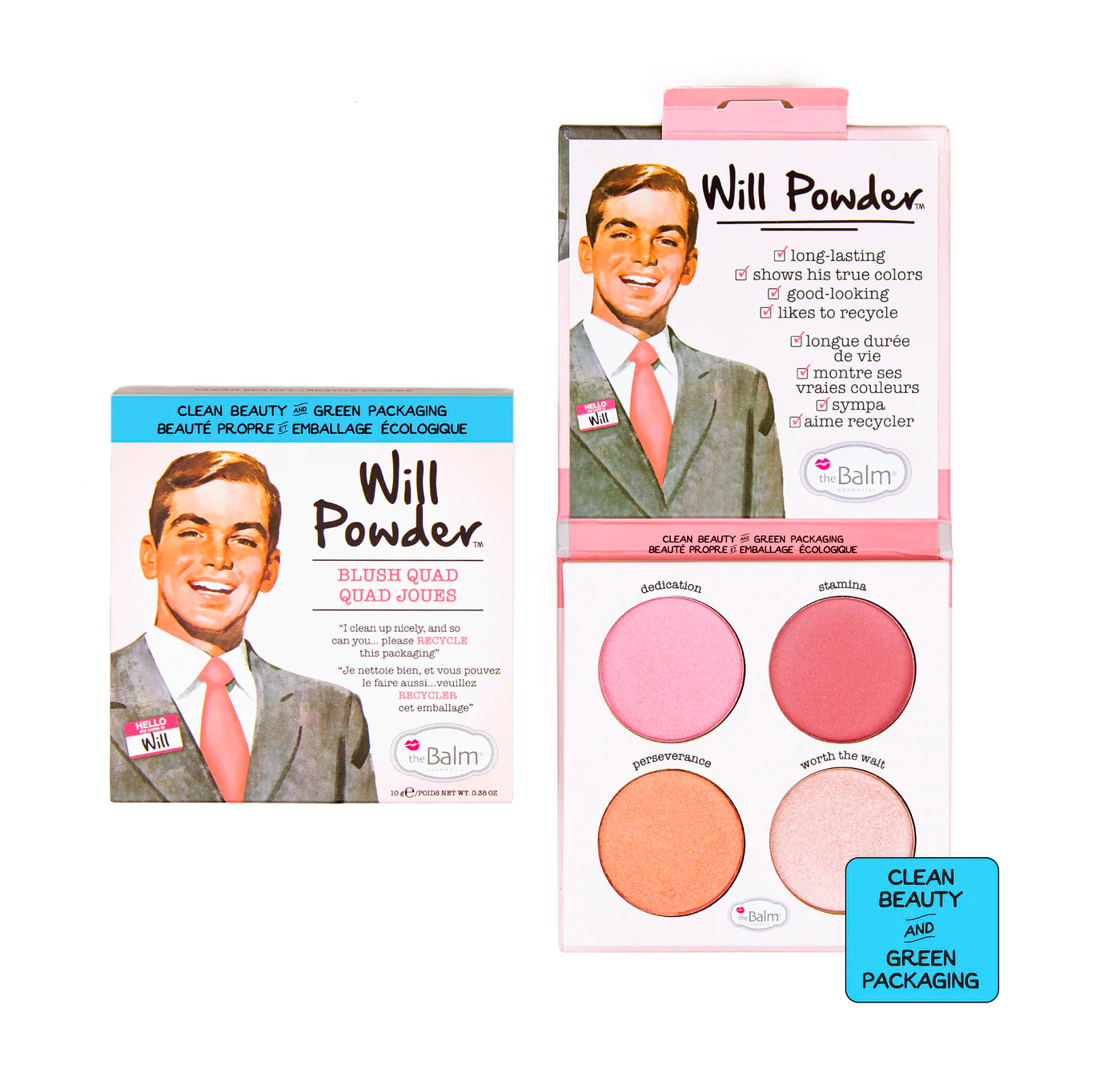 theBalm Cosmetics Will Powder Blush Quad Clean Ingredients - Recyclable Packaging - Highly Pigmented long-lasting versatile shades, both easy on the Eyes Cheeks Palette