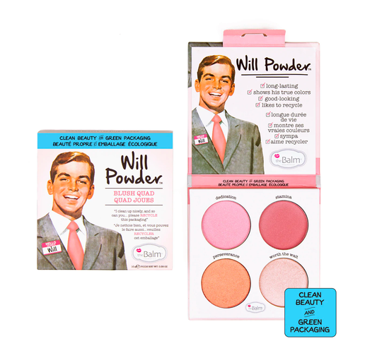 theBalm Cosmetics Will Powder Blush Quad Clean Ingredients - Recyclable Packaging - Highly Pigmented long-lasting versatile shades, both easy on the Eyes Cheeks Palette